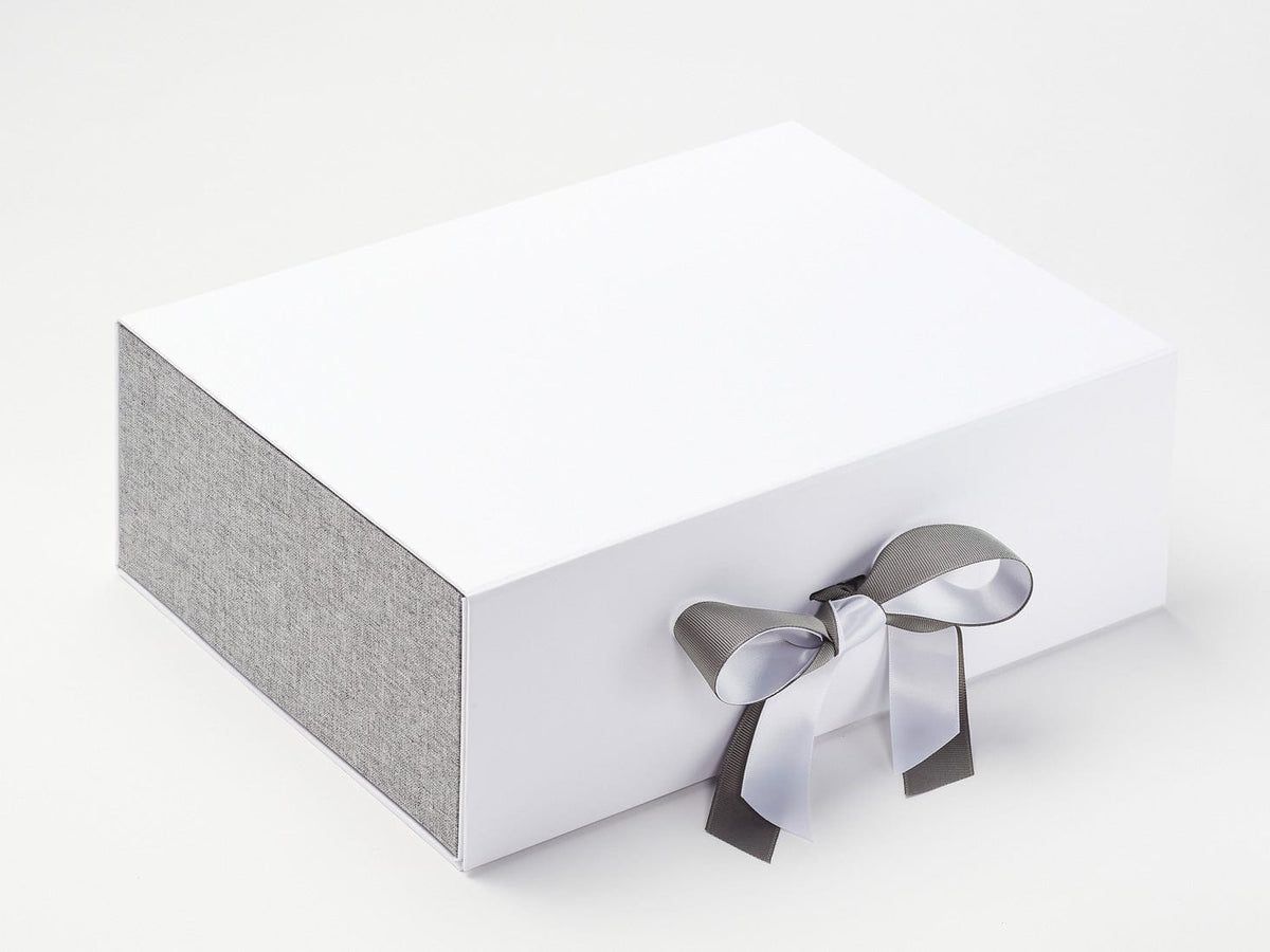 Grey Linen FAB Sides® Featured on White Gift Box with Metal Grey Ribbon