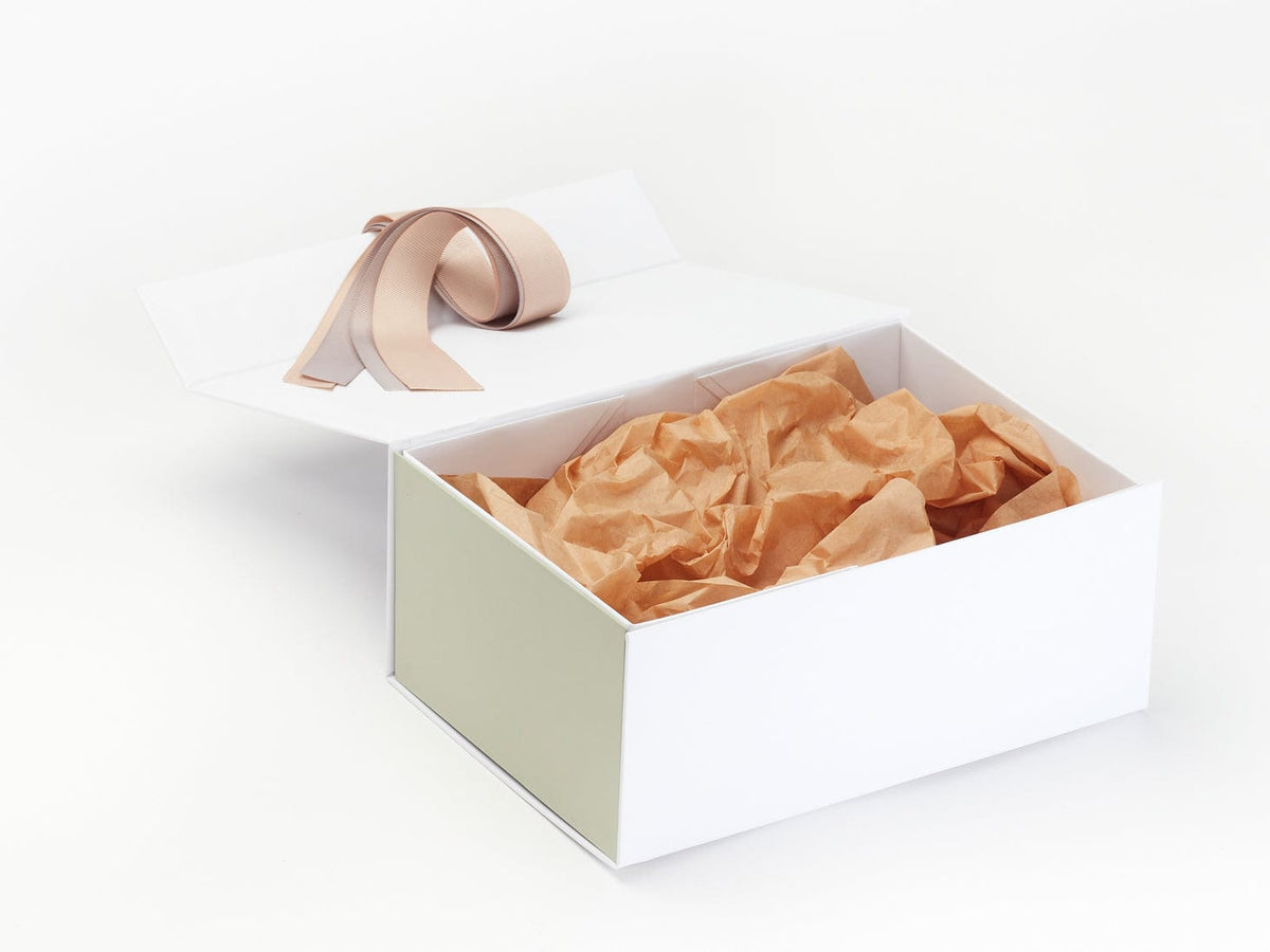 Kraft Tissue Paper Featured with White Gift Box and Sage Green FAB Sides®