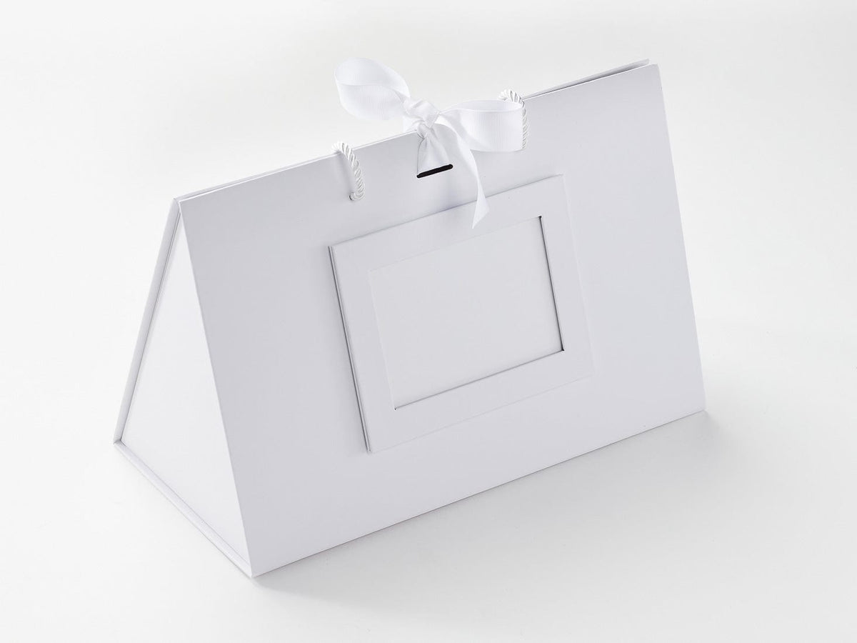 White Large BoxBag with Photo Frame Works Well With Cobalt Blue Ribbon & Tissue Paper