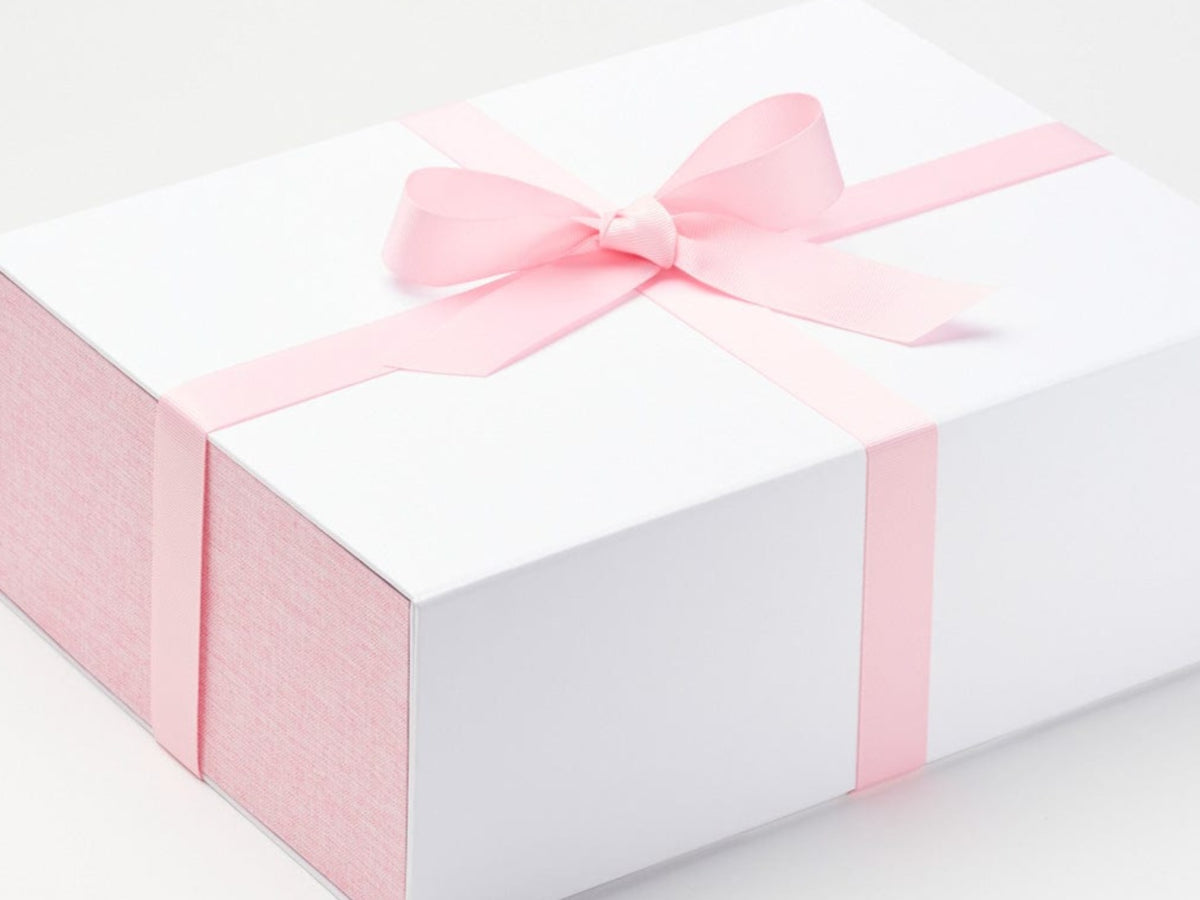 White No Magnets Gift Box with Pink Linen FAB Sides® and  Rose Pink Ribbon