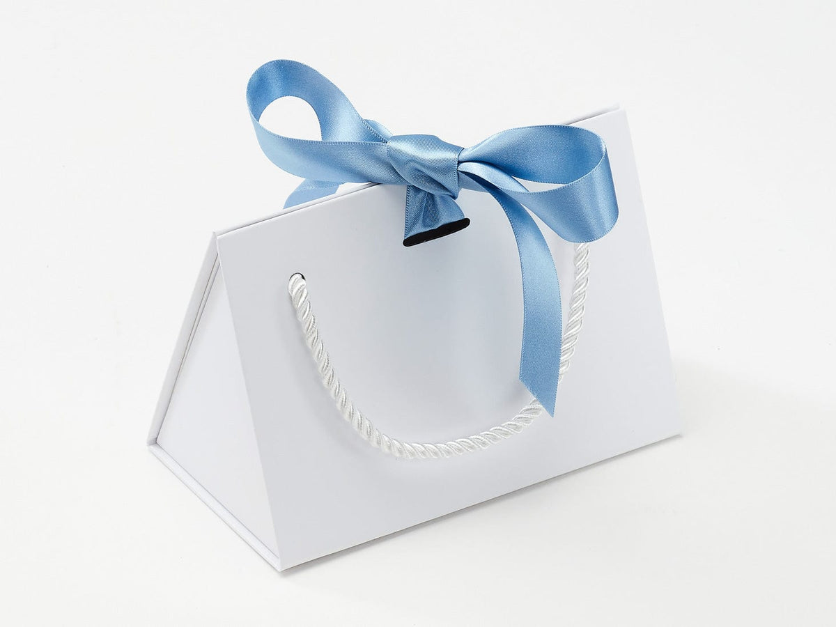 Small White BoxBag®  Featured with Pale Blue Satin Ribbon