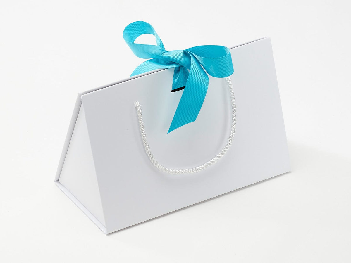 White Medium BoxBag with Misty Turquoise Ribbon. Perfect with Misty Turquoise Tissue Paper