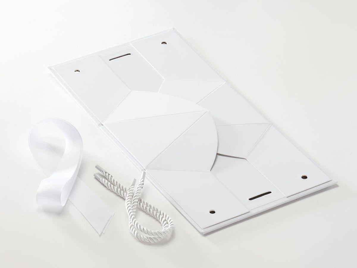 Small White BoxBag® Supplied Flat with Ribbon and Rope Handles