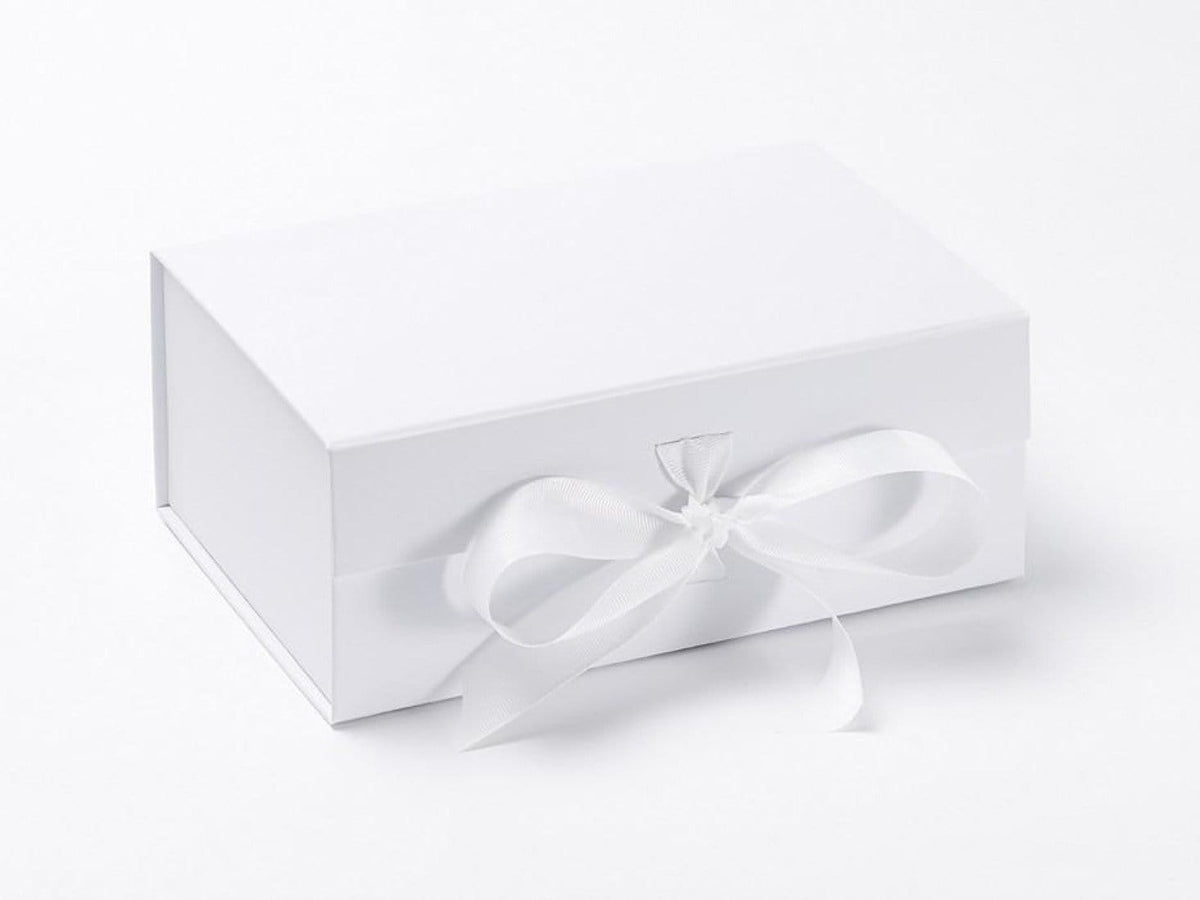 White A5 Deep Collapsible Gift Box sample with fixed ribbon ties