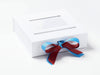 Example of Cinnabar and Porcelain Blue Double Ribbon Bow Featured on White Medium Gift Box with White Photo Frame