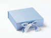 White Grosgrain Ribbon Featured as a Double Bow on Pale Blue Gift Box