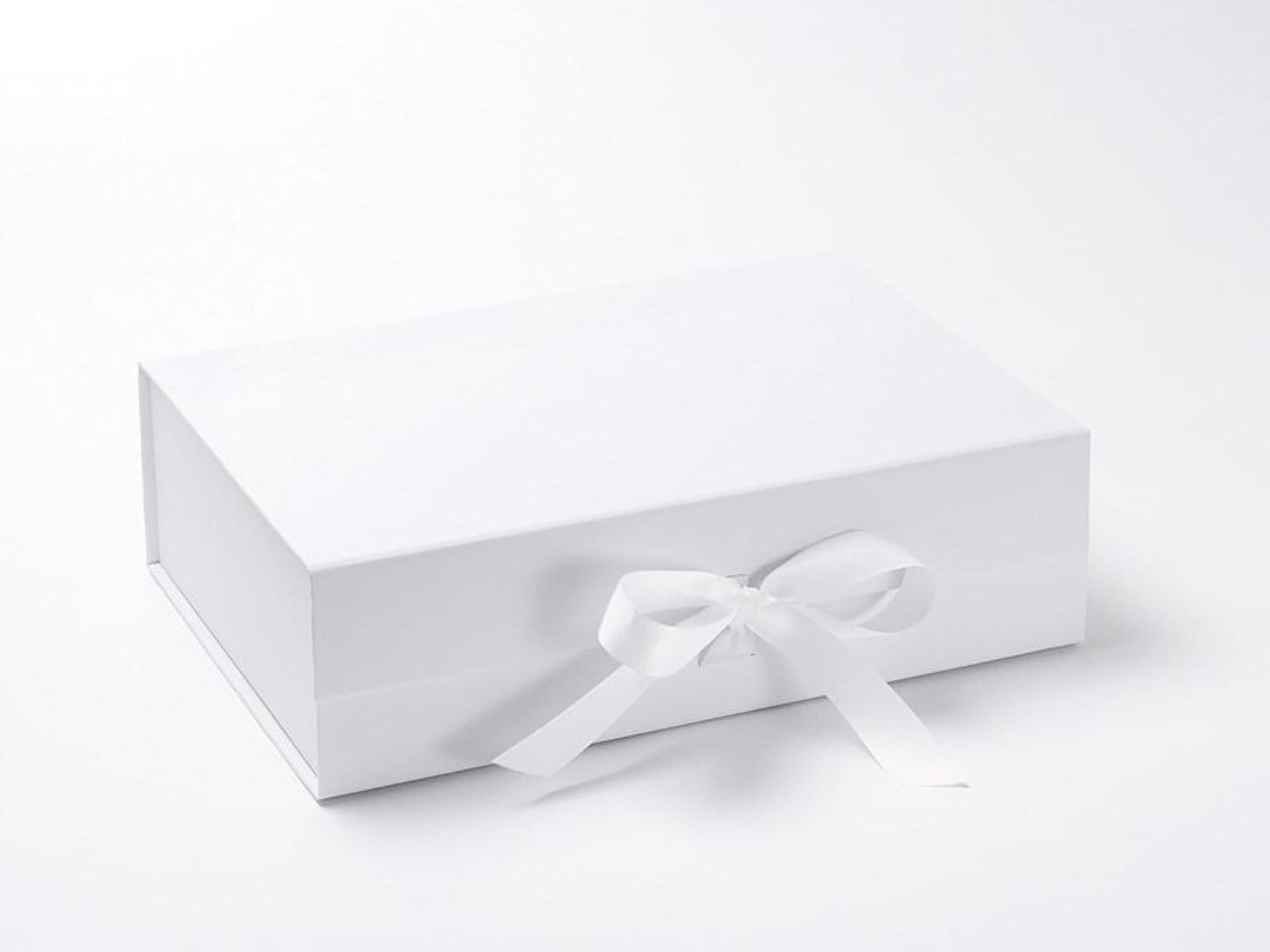 White A4 Deep Luxury Gift Box sample with fixed ribbon ties