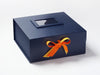 Navy Blue Gift Box with  Tangerine and Chamoise Double Ribbon  Bow and Navy Photo Frame