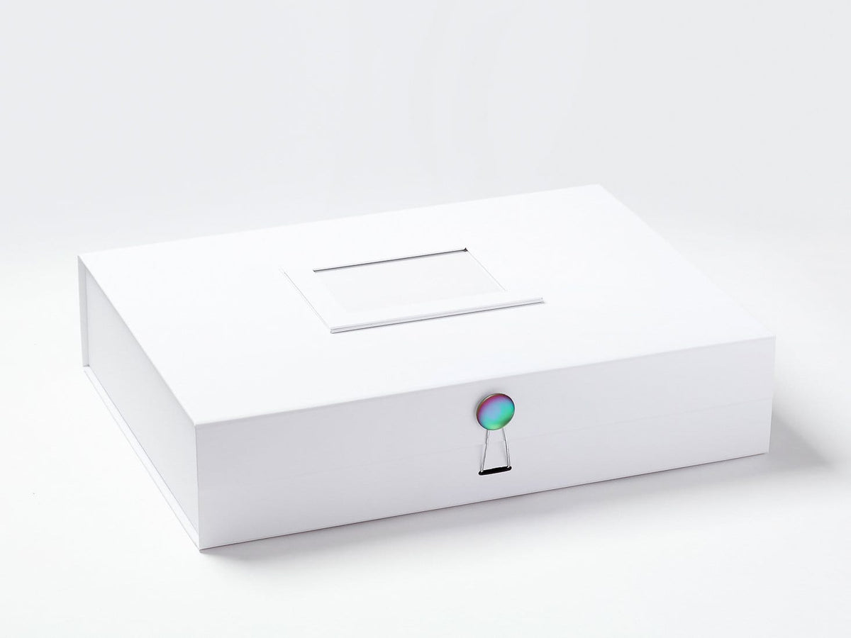 White A3 Shallow Gift Box with Rainbow Moonstone Closure and White Photo Frame