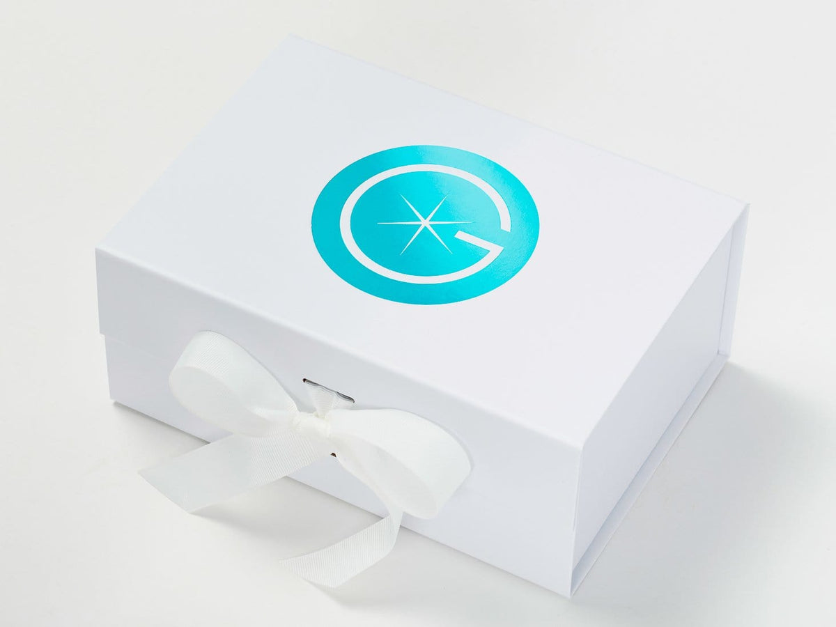 White A5 Deep Gift Box Printed with Turquoise Foil Custom Printed Logo