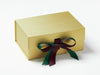 Gold Gift Box with Raisin and Forest Green Double Ribbon Bow