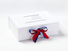 Example of Hot Red and Cobalt Blue Double Ribbon Bow Featured on White A4 Deep Gift Box with White Photo Frame