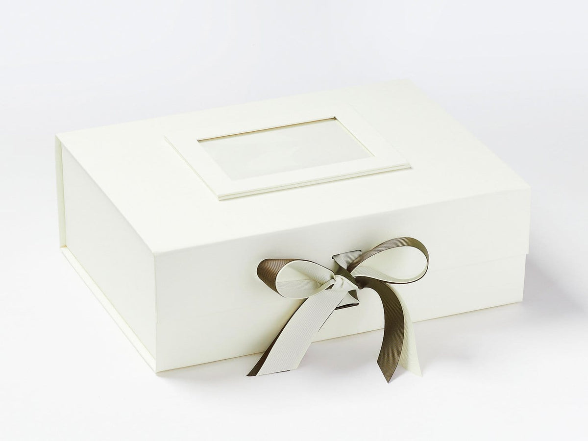 Ivory Photo Frame on Lid of Ivory A4 Deep with Deep Sage Ribbon