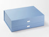 White Metal Slot Decal Labels Featured on Pale Blue Gift Box