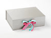 Candy Pink Ribbon with Aqua Ribbon as a Double Bow on Silver Gift Box