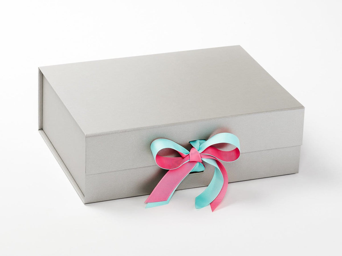 Silver Gift Box Featuring Aqua and Candy Pink Double Ribbon Bow
