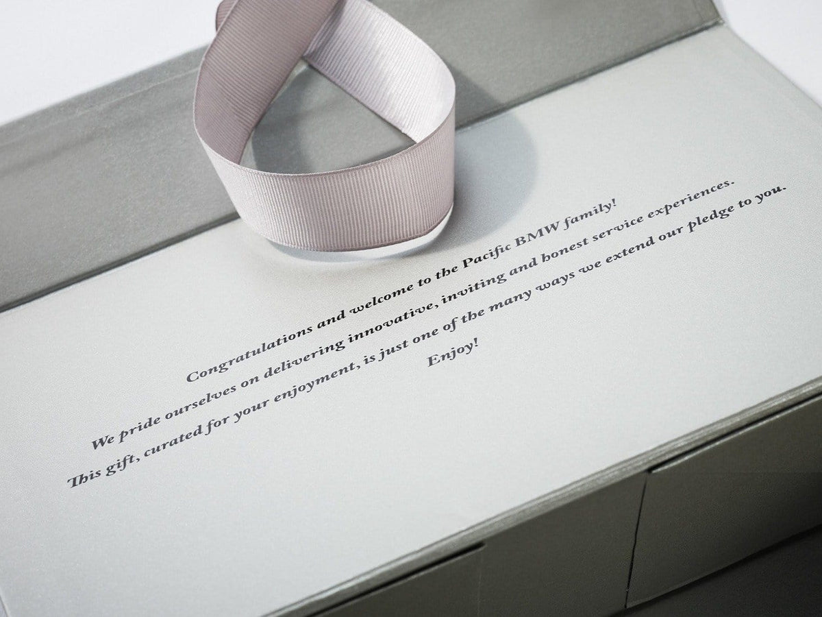 Example of Black Text Custom Print on inside Lid of Silver Pearl Folding Gift Box