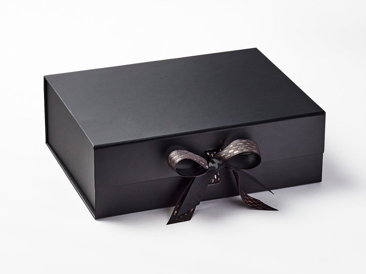 Black and Gold Dash Metallic Thread Ribbon Featured on Black Gift Box