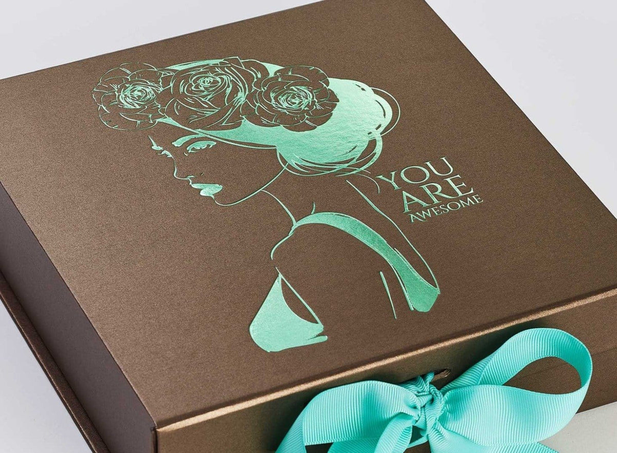 Bronze Folding Gift Box with Aqua Green Foil Logo and Tropic Ribbon