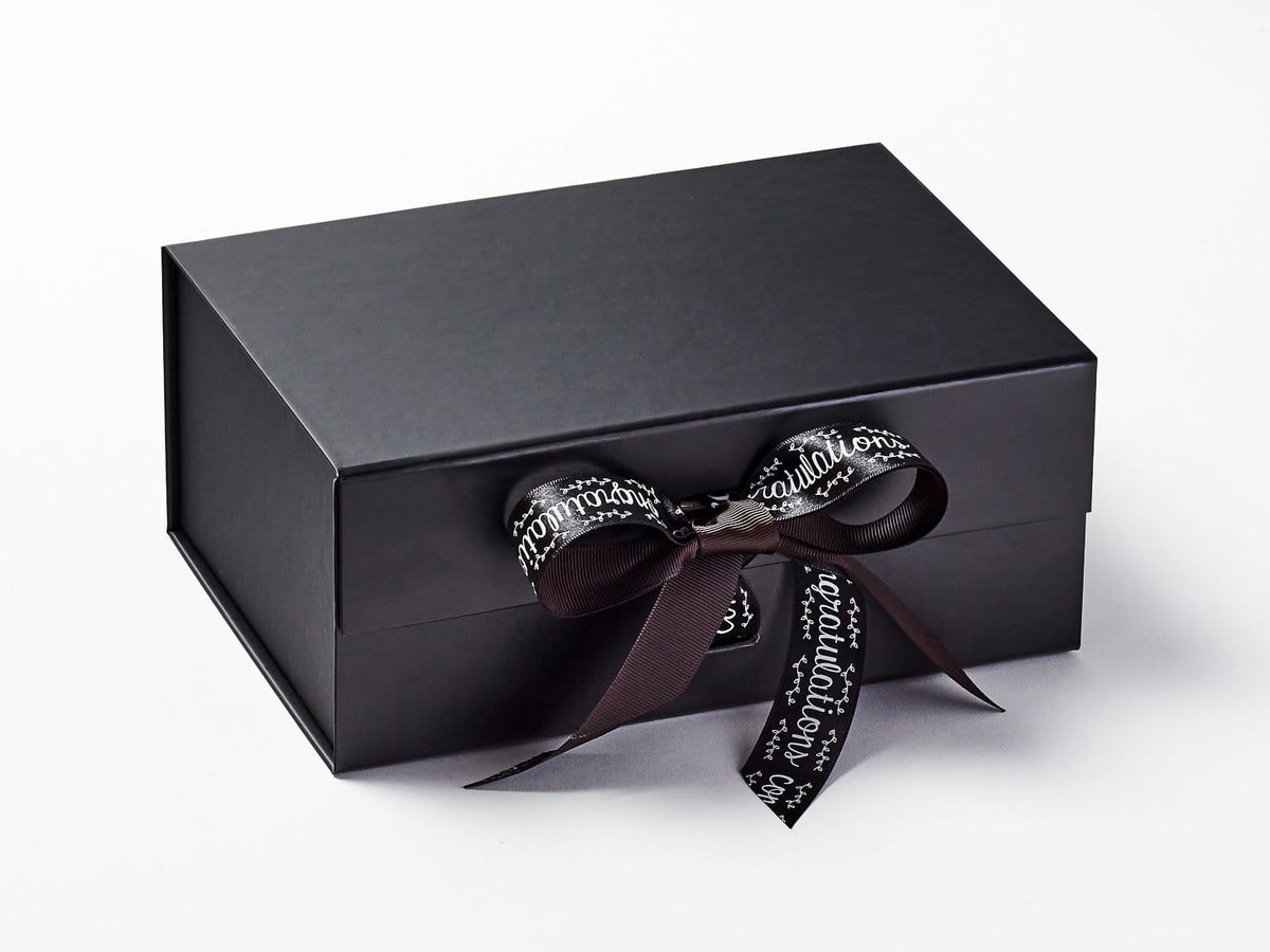 Black Chalkboard Congratulations Ribbon Featured on Black Gift Box