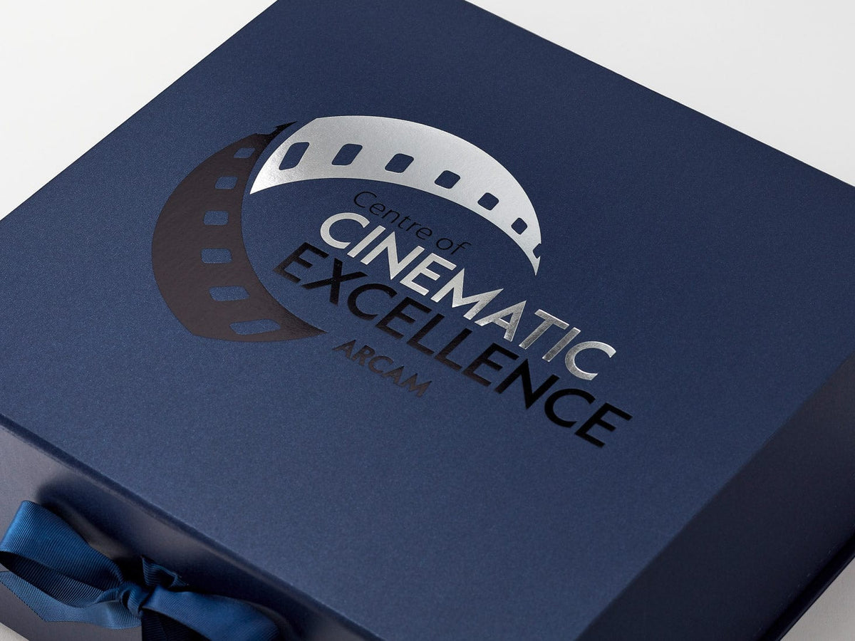 Example of Custom 2 Colour Foil Logo Onto Navy Blue Gift Box
