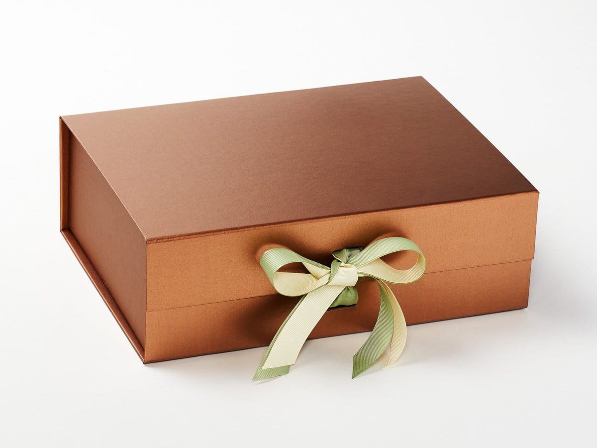 Copper Gift Box with Buttermilk and Spring Moss Ribbon