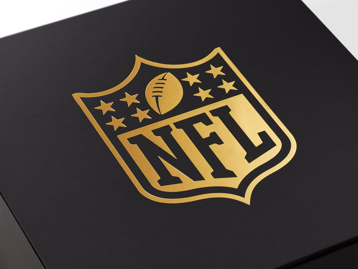 Example of Custom Printed Gold Foil Logo Onto Black Gift Box