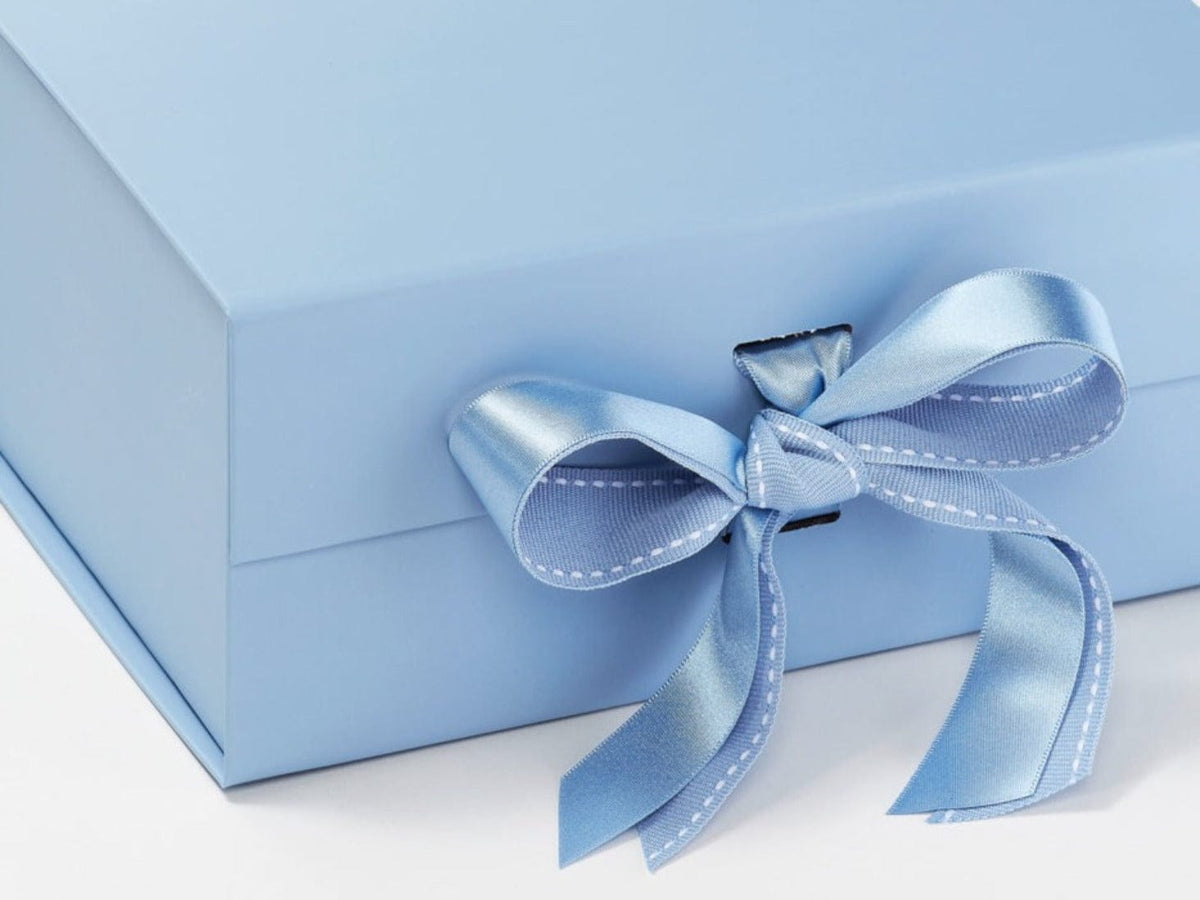 French Blue Satin Recycled Ribbon Featured on Pale Blue Slot Box