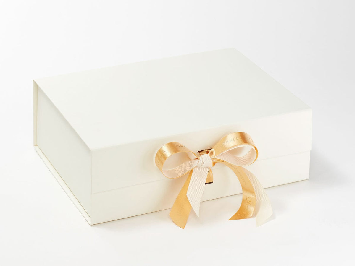 Gold Merry Christmas Recycled Ribbon Featured as a double bow on Ivory A4 Deep Gift Box