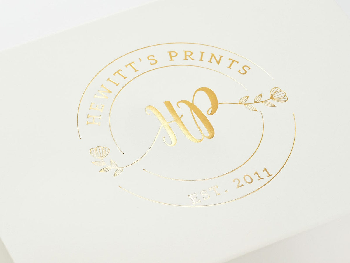 Example Of Custom Gold Foil Logo Onto Ivory Gift Box