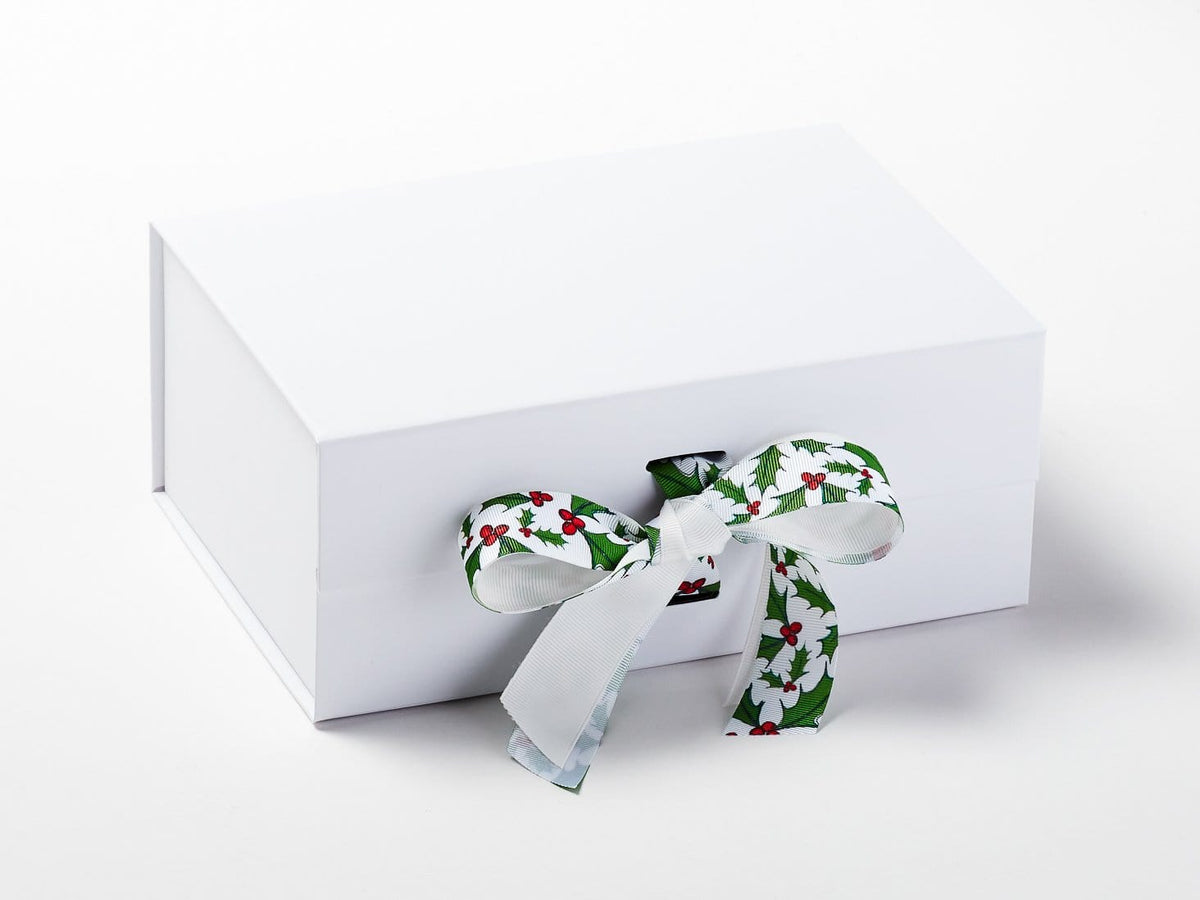 Holly Berry Festive Printed Ribbon on White Gift Box