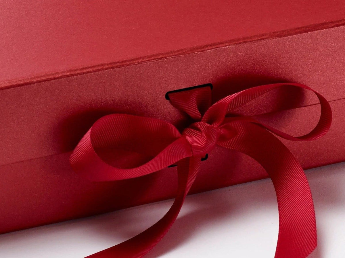 Large Pearl Red Gift Box with Slots and Ribbon from Foldabox UK