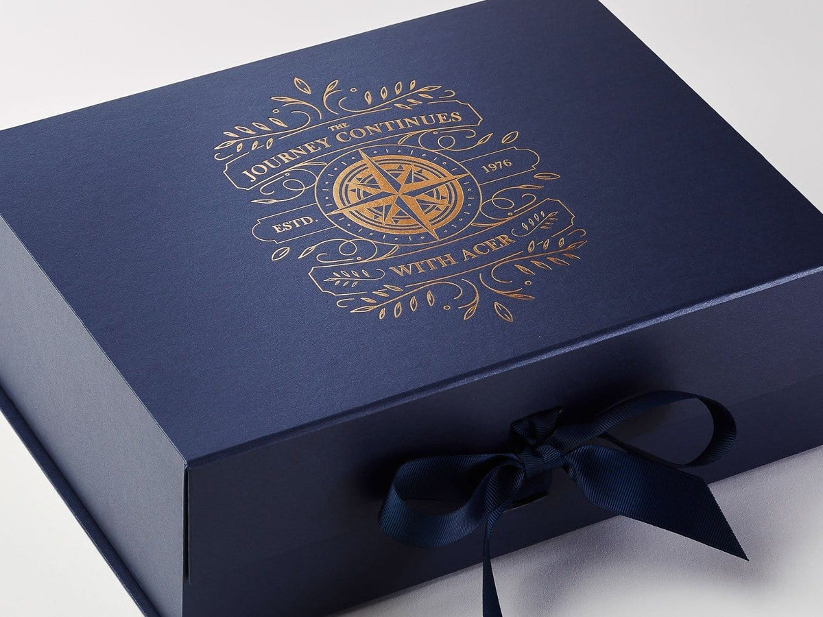 Navy Blue Luxury Gift Box with Custom Copper Foil Printed Design from Foldabox