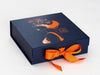 Navy Blue Gift Box with Orange Foil Logo and Tangerine Ribbon