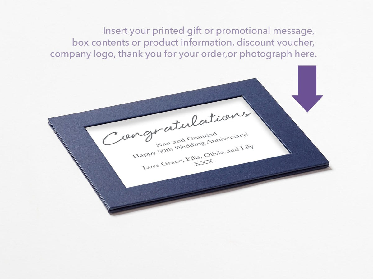 Navy Blue Photo Frame Assembled with Example of Your Custom Printed Insert