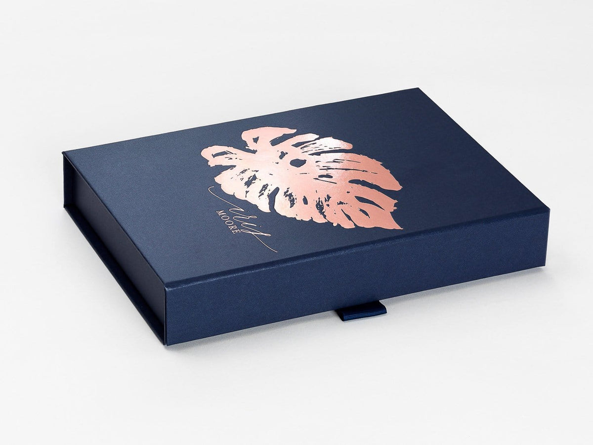 Navy Blue Gift Box with Custom Printed Rose Gold Foil Design