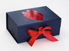 Navy Blue Gift Box with Red Foil Custom Print and Added Red Ribbon