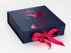 Navy Blue Gift Box with Custom Printed Foil Design and Hot Pink Ribbon
