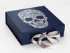 Navy Blue Gift Box with Custom Printed Silver Foil Design ad Silver Grey Ribbon