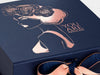 Navy Blue Gift Box with Custom Printed Rose Gold Foil Design and Rose Gold Ribbon