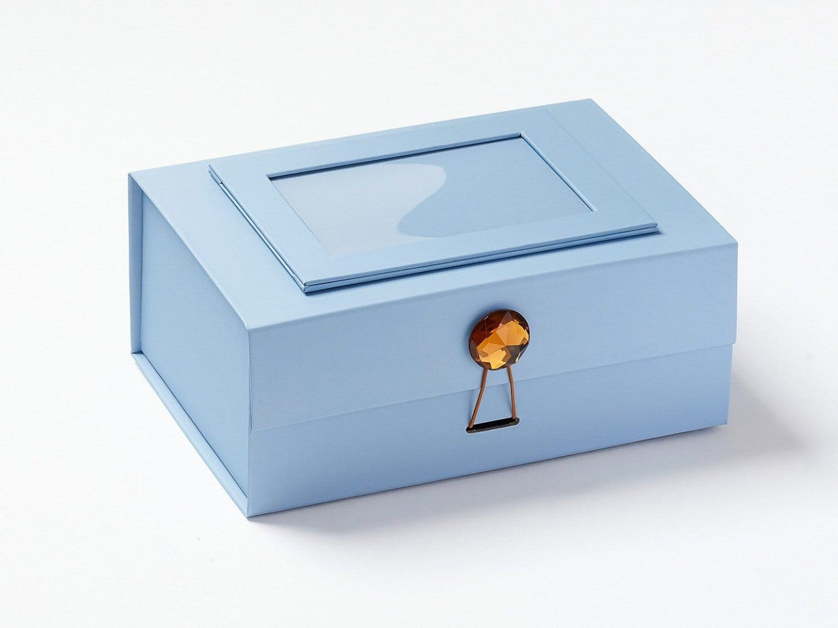 Pale Blue Photo Frame on Lid of Pale Blue A5 Deep Gift Box with Brown Tourmaline Closure