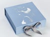 Example of Pale Blue Gift Box with Custom Silver Foil Logo and Silver Grey Ribbon