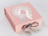 Example of Silver Grey Ribbon Featured on Pale Pink Large Gift Box with Custom Silver Foil Printed Design