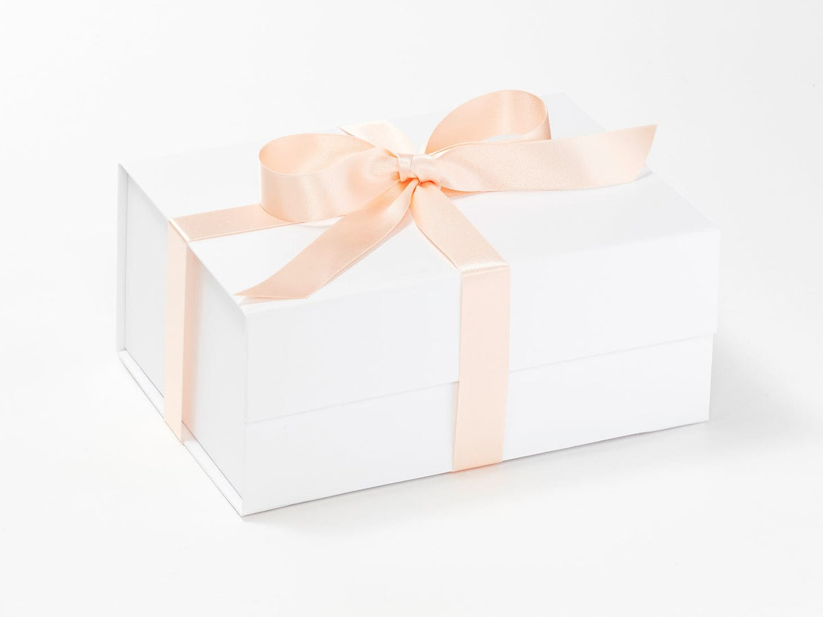 Peach Recycled Satin Ribbon Featured on White A Deep Gift Box