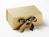 Peacock Feather Printed Ribbon Featured on Gold Gift Box