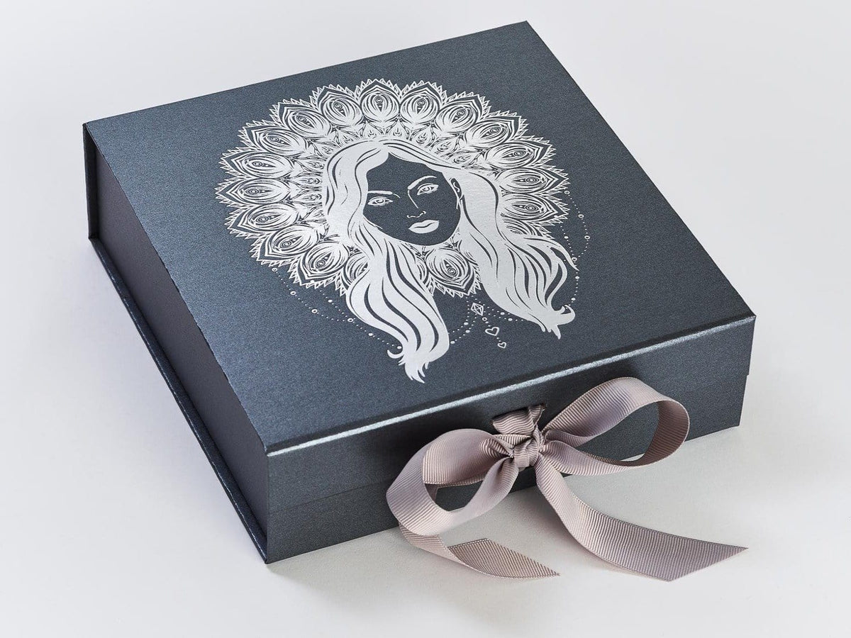 Pewter Gift Box with Silver Foil Boho Diva Design to Lid