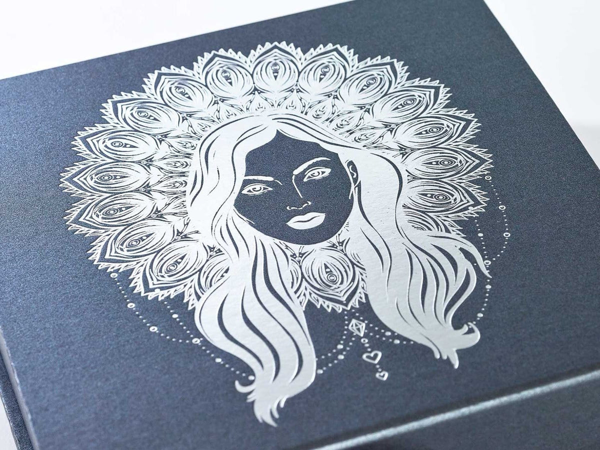 Pewter Folding Gift Box with Custom Silver Foil Boho Diva Design to Lid