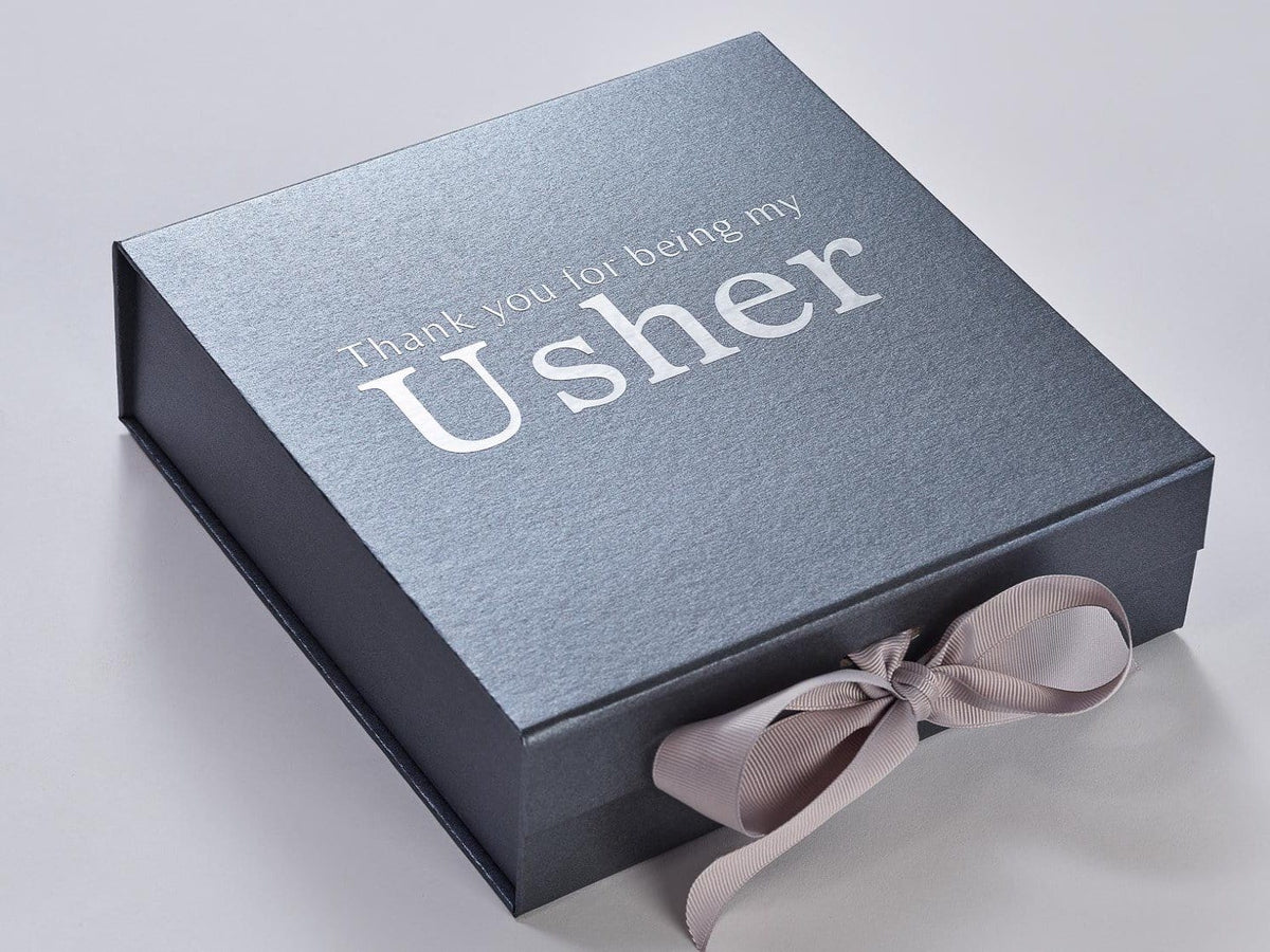 Pewter Gift Box with Silver Foil Usher design and Silver Ribbon by Beau and Bella