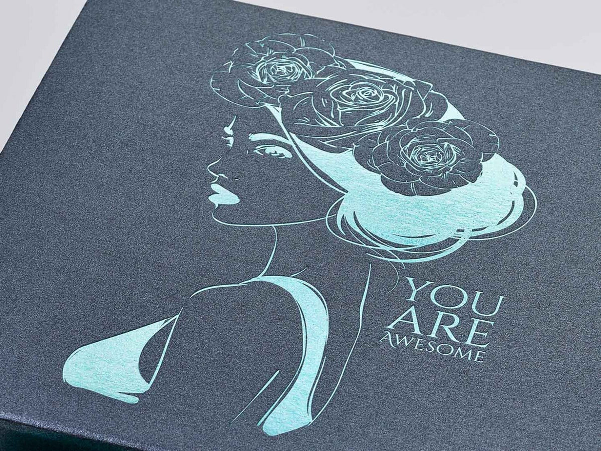 Pewter Folding Gift Box with Custom Printed Mint Green Foil Design