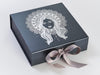 Example of Silver Grey Ribbon Featured on Pewter Large Gift Box with Custom Silver Foil Printed Design